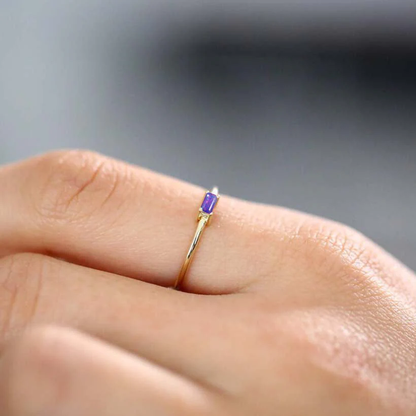 Lavender Fire Opal Baguette Gemstone Minimalist Ring - Image 3