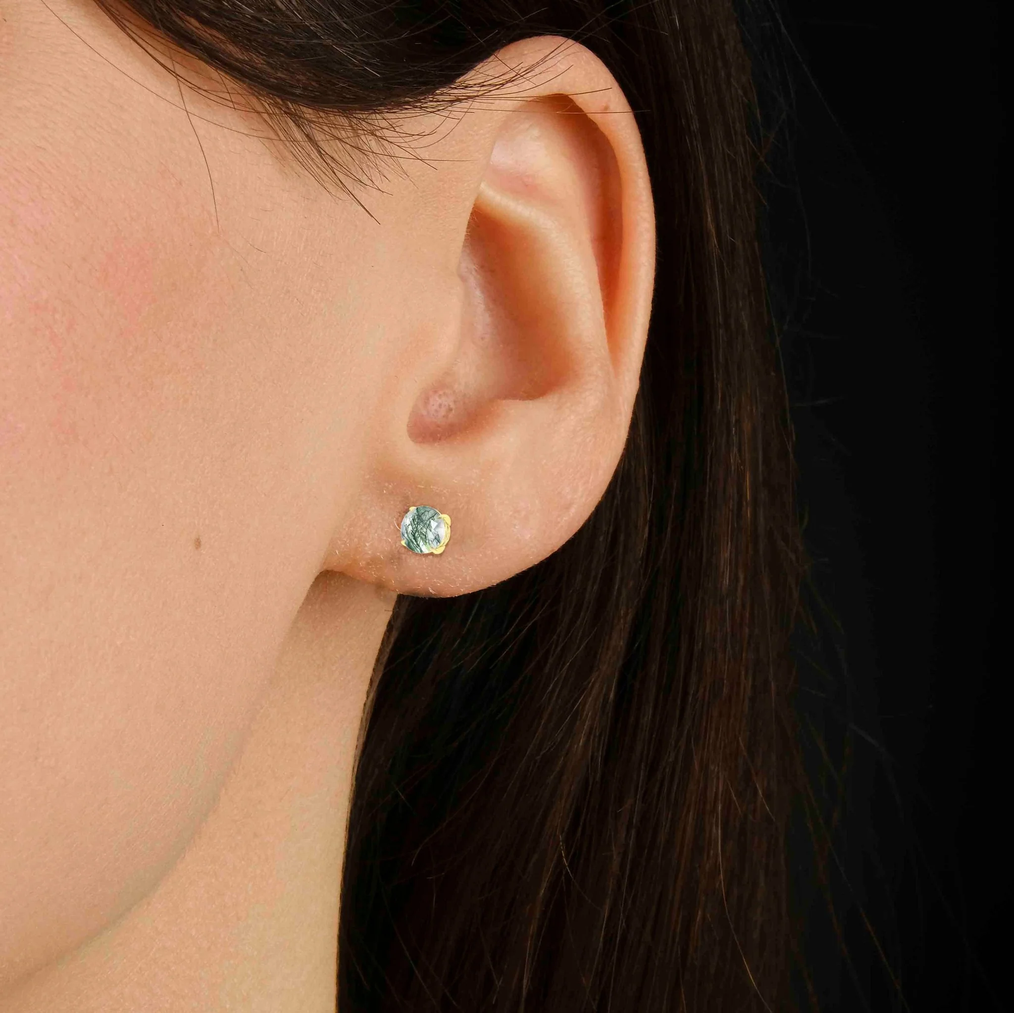 Round Moss Agate Gemstone Simple Stud Earring - Image 5